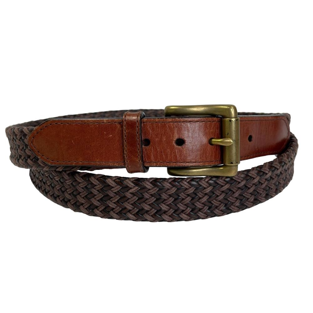 Savane Leather Woven Basketweave Two Tone Brown Belt Solid Brass Buckle Size 44